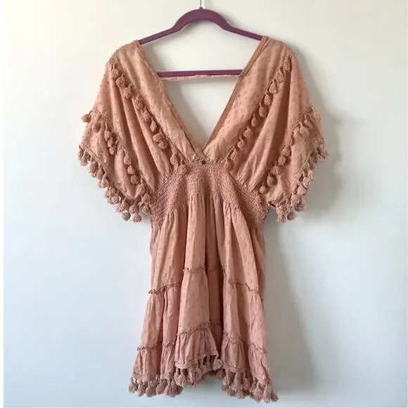 Z&L Europe Blush Pink Plunge Neck Tassel Mini Dress Cover Up Size L - Picture 8 of 12